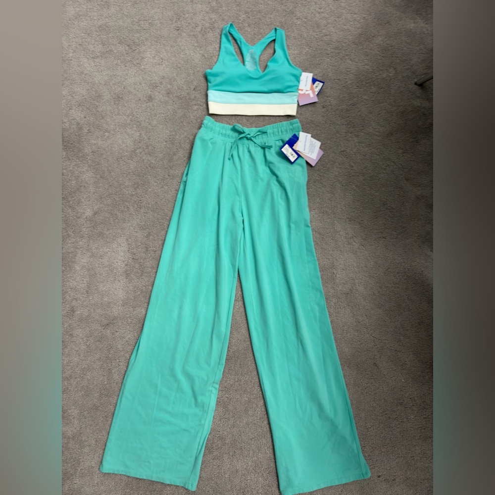JoyLAB Set XXS Turquoise High Waisted Wide Leg Pants And Longline Bra